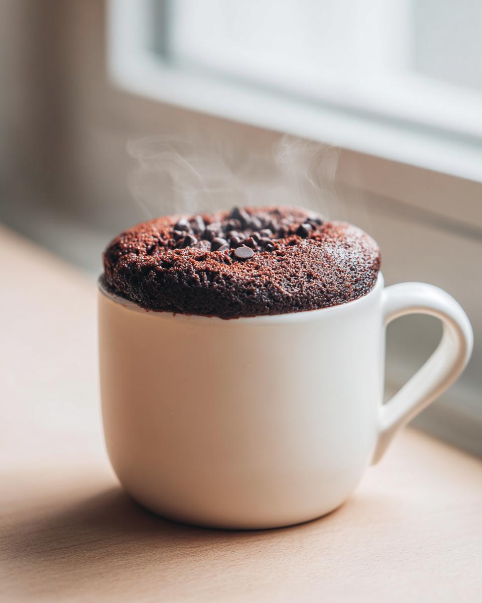A freshly baked, steaming chocolate mug cake topped with chocolate chips in a white mug.