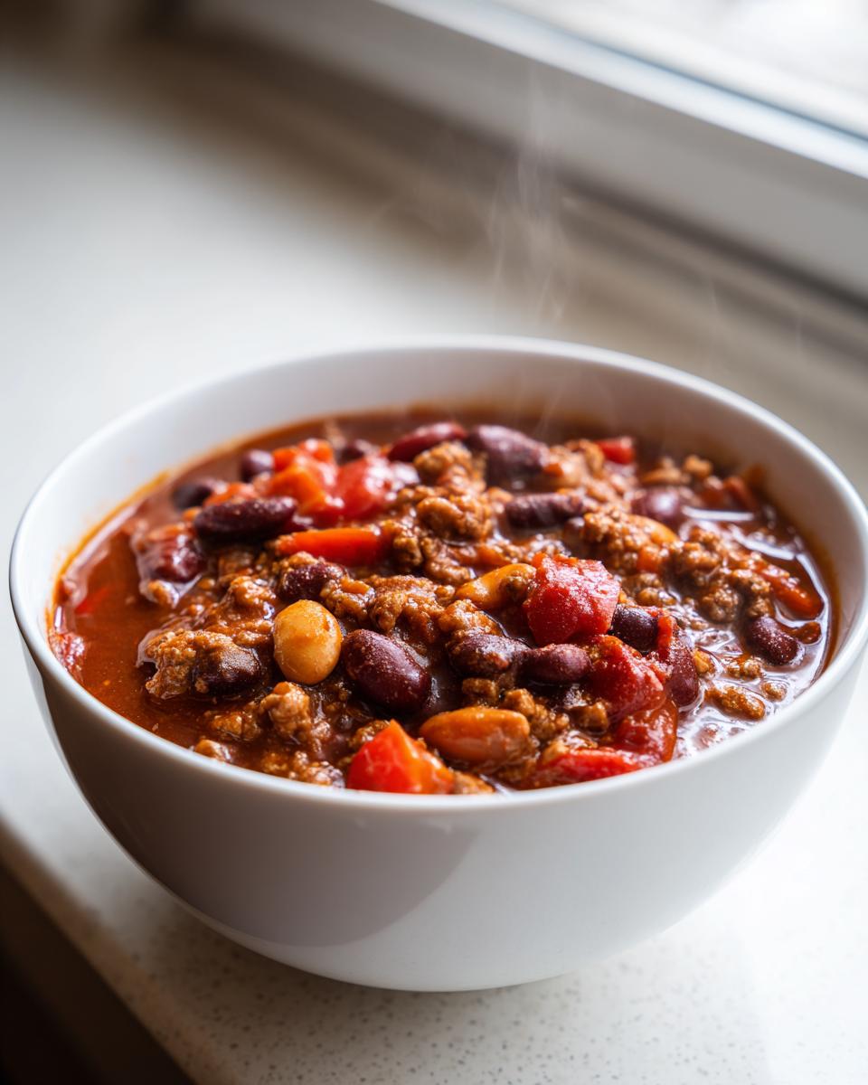 Close-up of a steaming white bowl filled with rich, hearty crockpot chili featuring ground meat, kidney beans, and tomatoes.