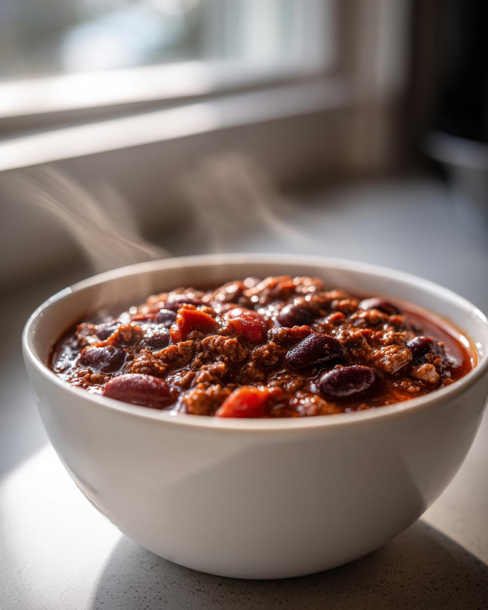 Close-up of a steaming white bowl filled with rich, hearty crockpot chili featuring ground meat and kidney beans.