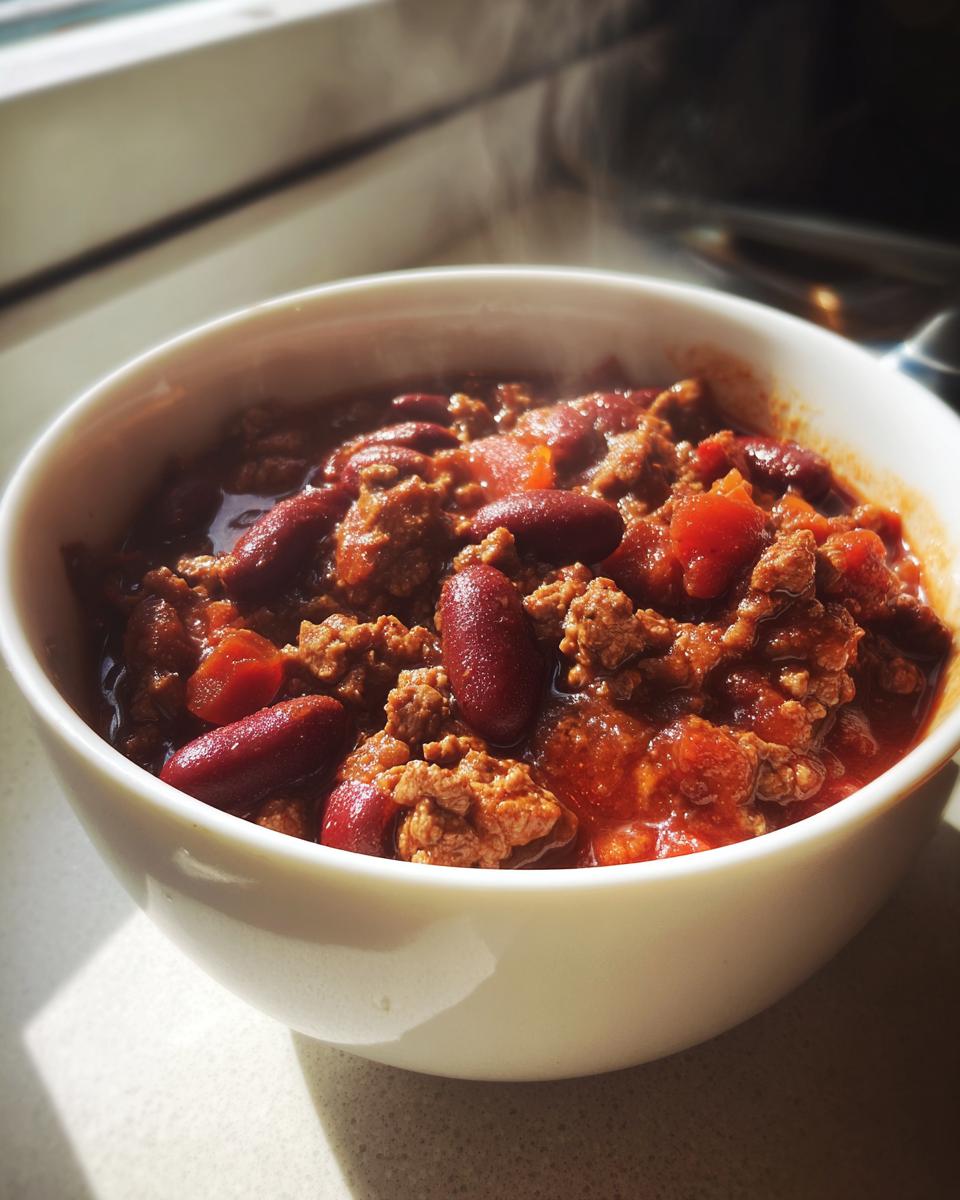 Close-up of a white bowl filled with hot, steaming crockpot chili featuring ground meat and kidney beans.