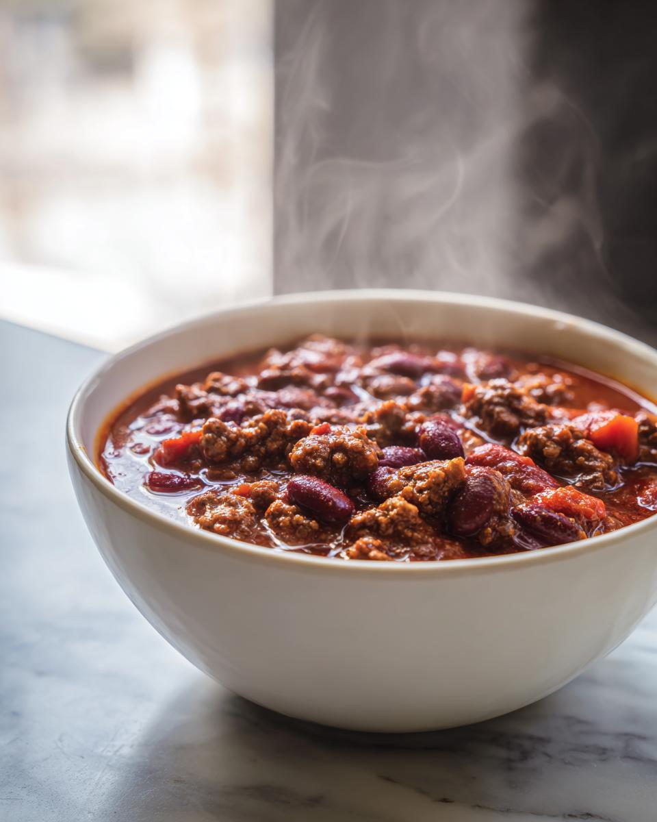 Close-up of a steaming white bowl filled with rich, hearty crockpot chili featuring ground beef and kidney beans.