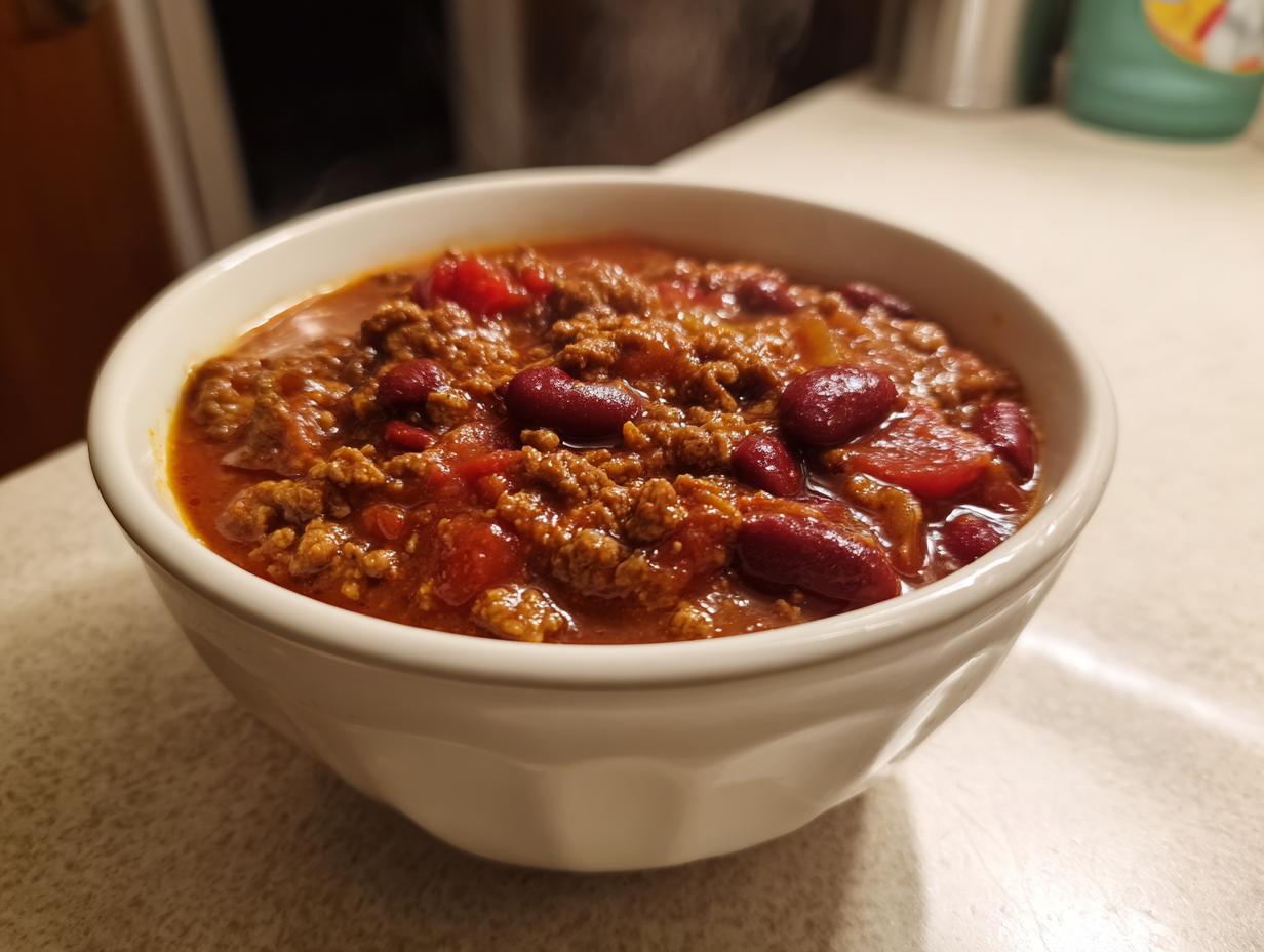 A close-up shot of a steaming white bowl filled with rich, hearty crockpot chili featuring ground beef and kidney beans.