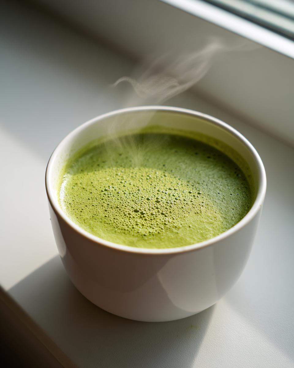 Close-up of a steaming bowl of vibrant green zucchini soup with a frothy top.