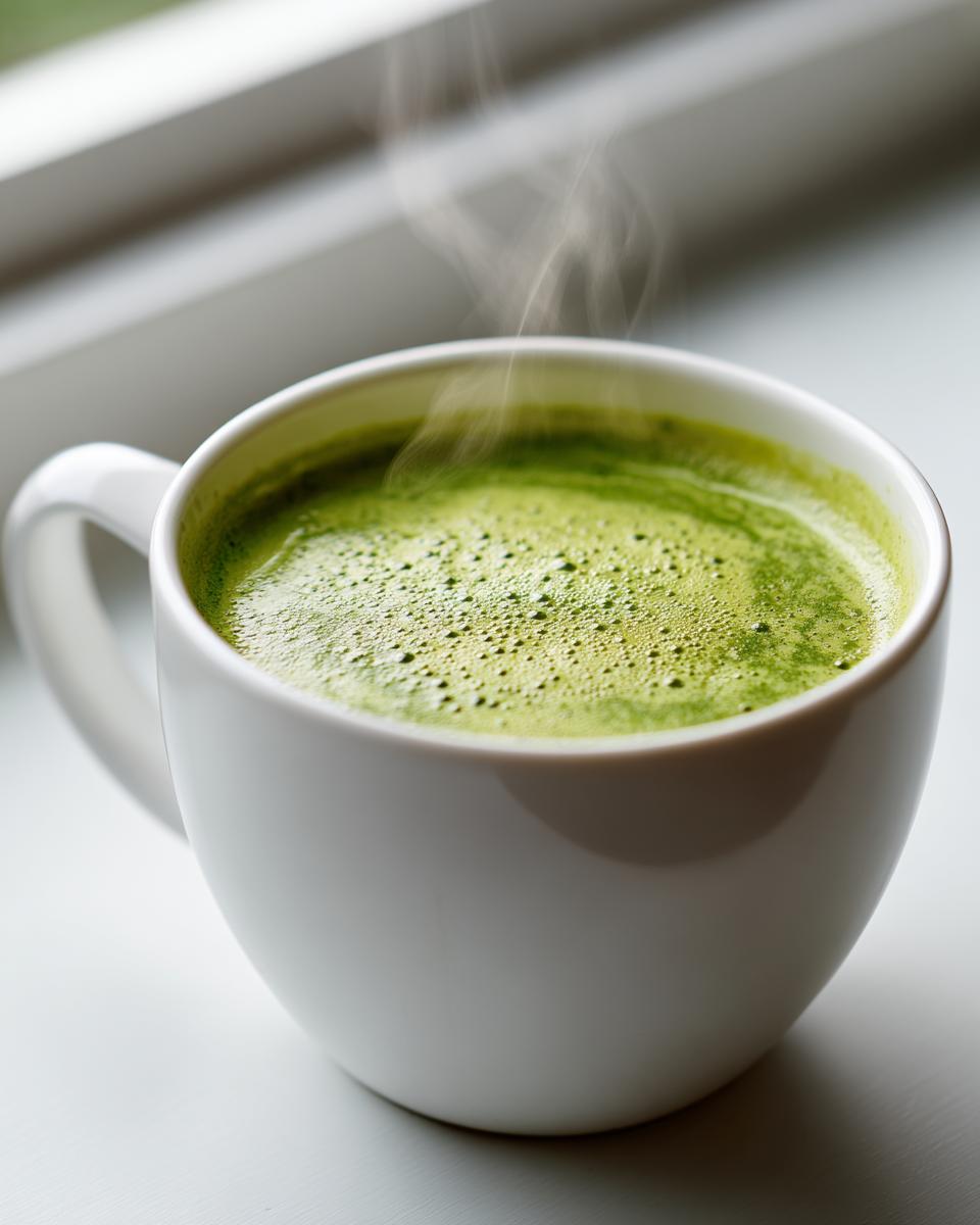 Close-up of steaming, vibrant green zucchini soup served hot in a white mug.