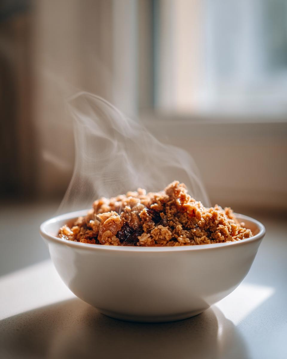 Close-up of a white bowl filled with hot, steaming apple crumble topping.
