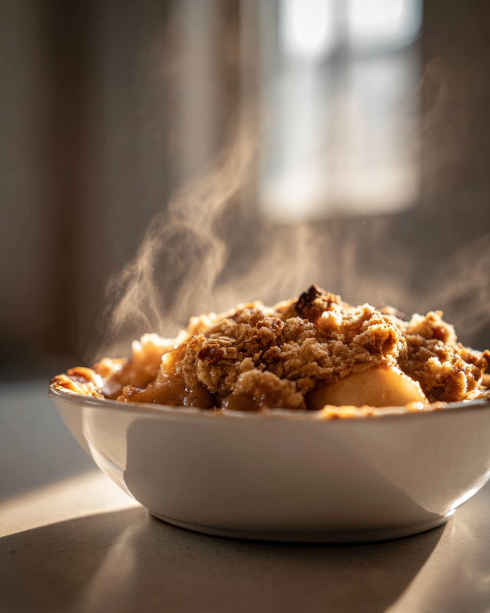 Close-up of a serving of hot apple crumble with steam rising, highlighting the crunchy topping.