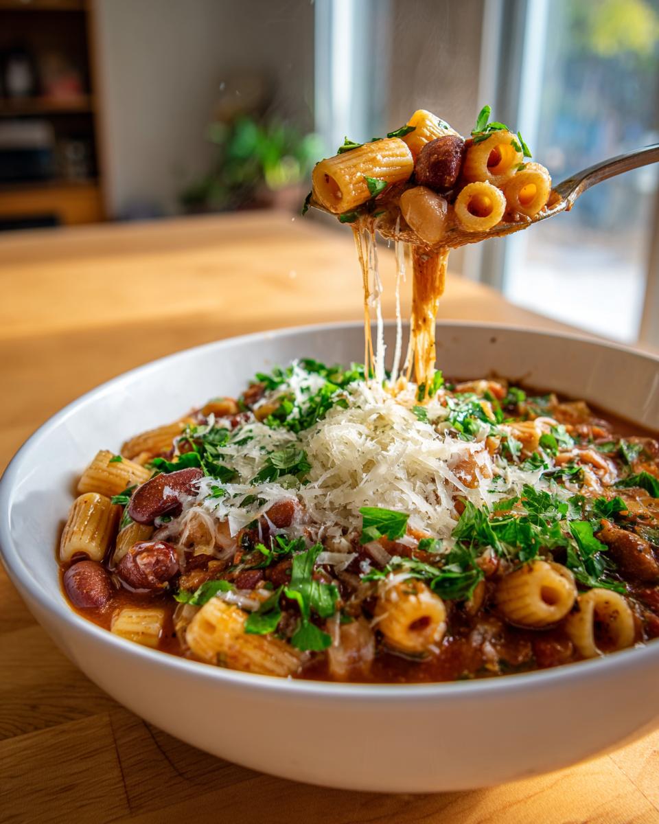 A spoonful of steaming hot pasta e fagioli, showing cheesy pulls, being lifted from a bowl topped with grated Parmesan and parsley.