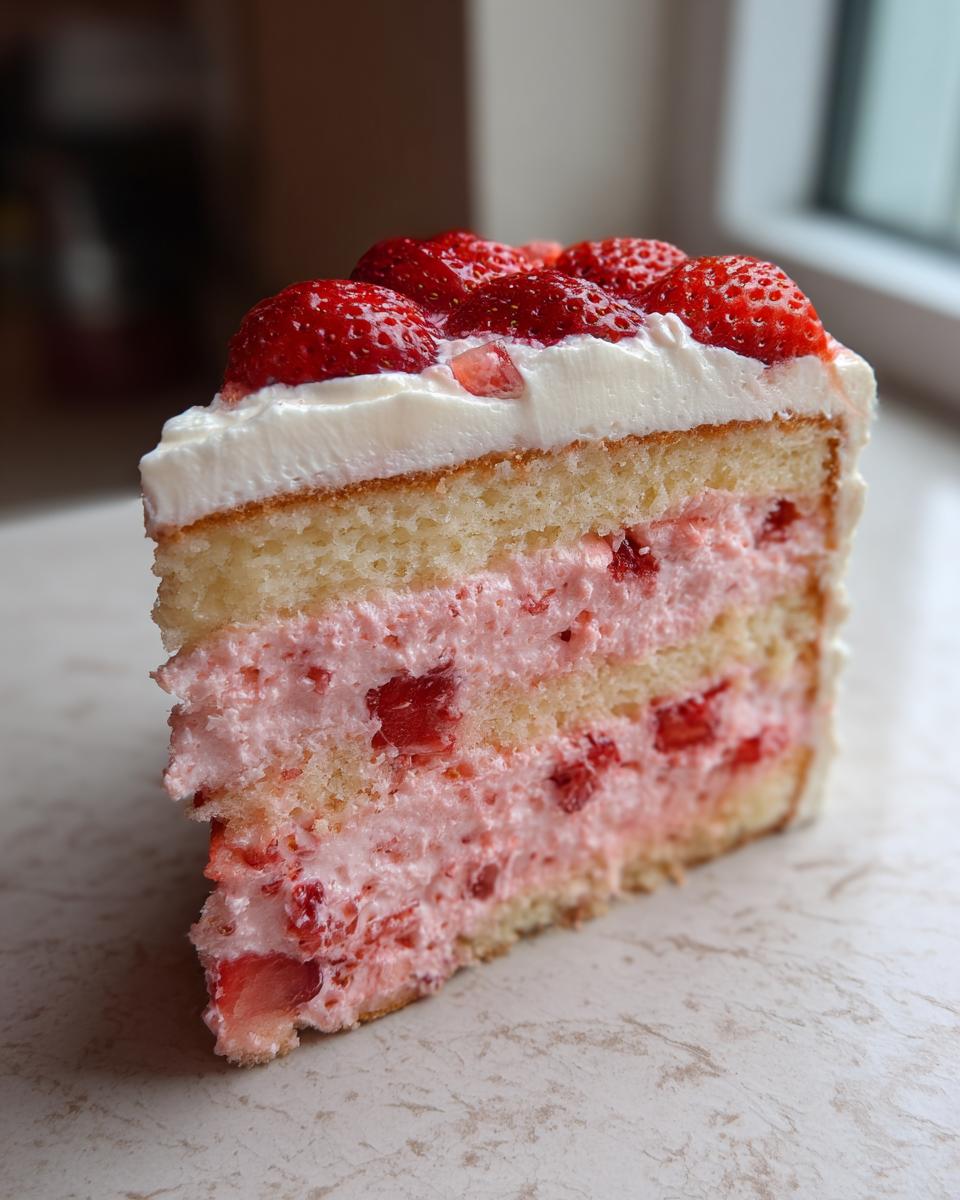 Close-up of a perfect slice of strawberry cake with layers of vanilla sponge, pink strawberry mousse, and topped with fresh strawberries.
