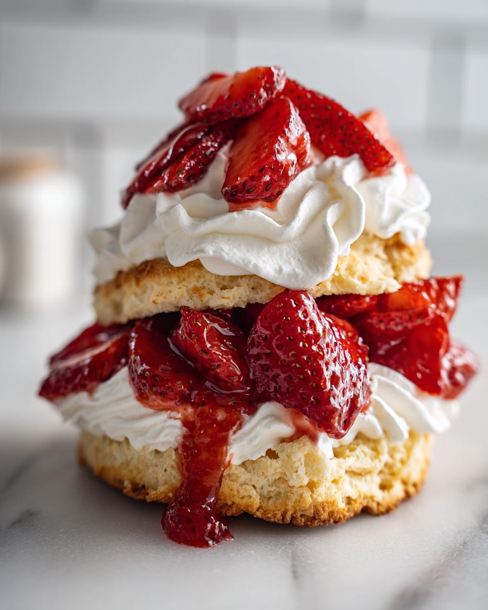 Close-up of a delicious strawberry shortcake layered with biscuits, macerated strawberries, and whipped cream.
