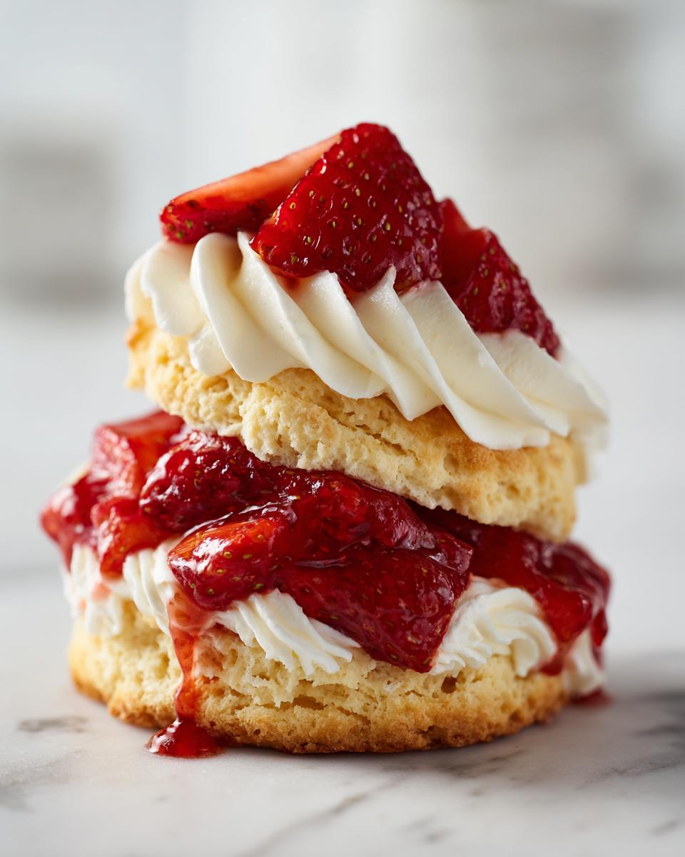 Close-up of a delicious strawberry shortcake layered with biscuit, whipped cream, and macerated strawberries.