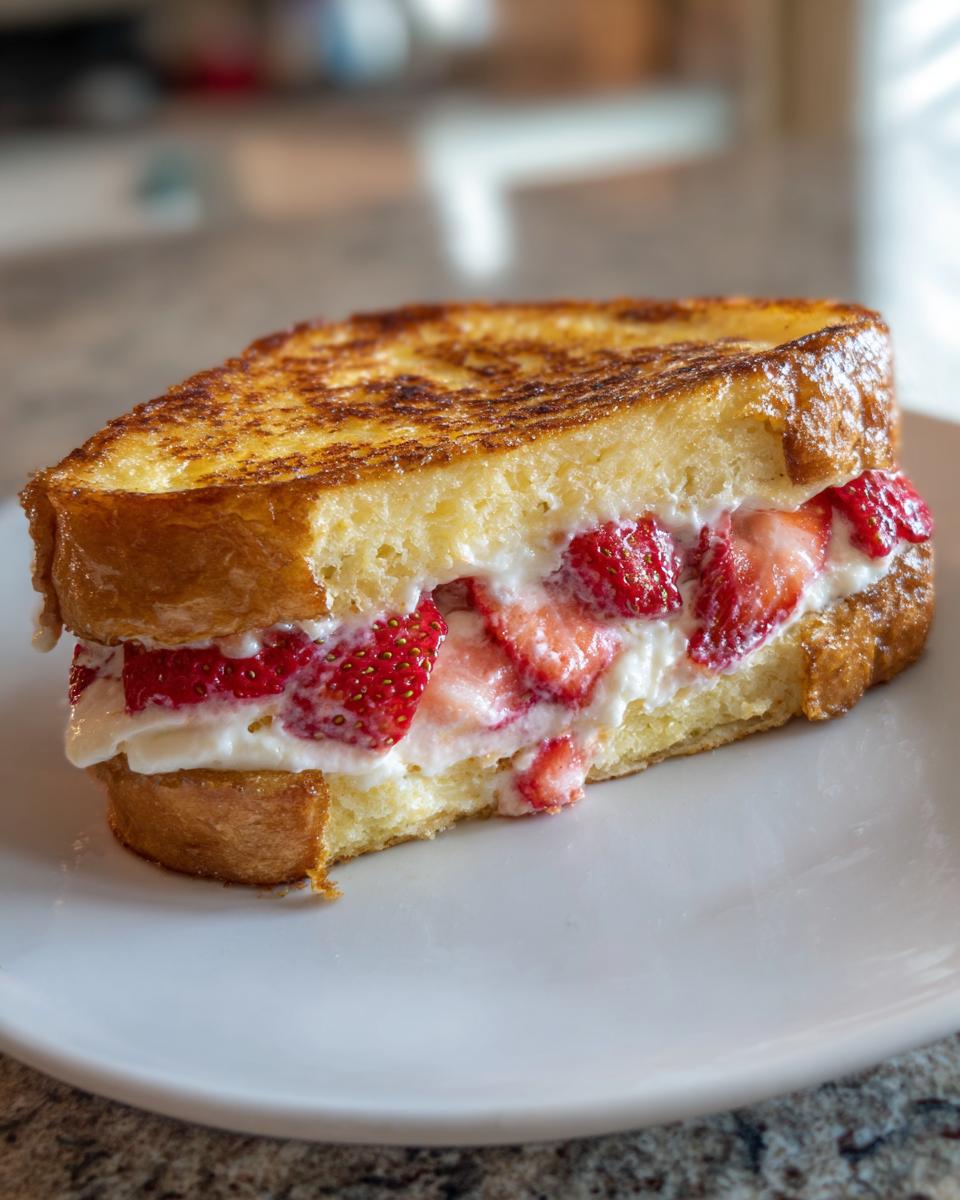 Close-up of a golden brown stuffed french toast filled with cream cheese and sliced strawberries.