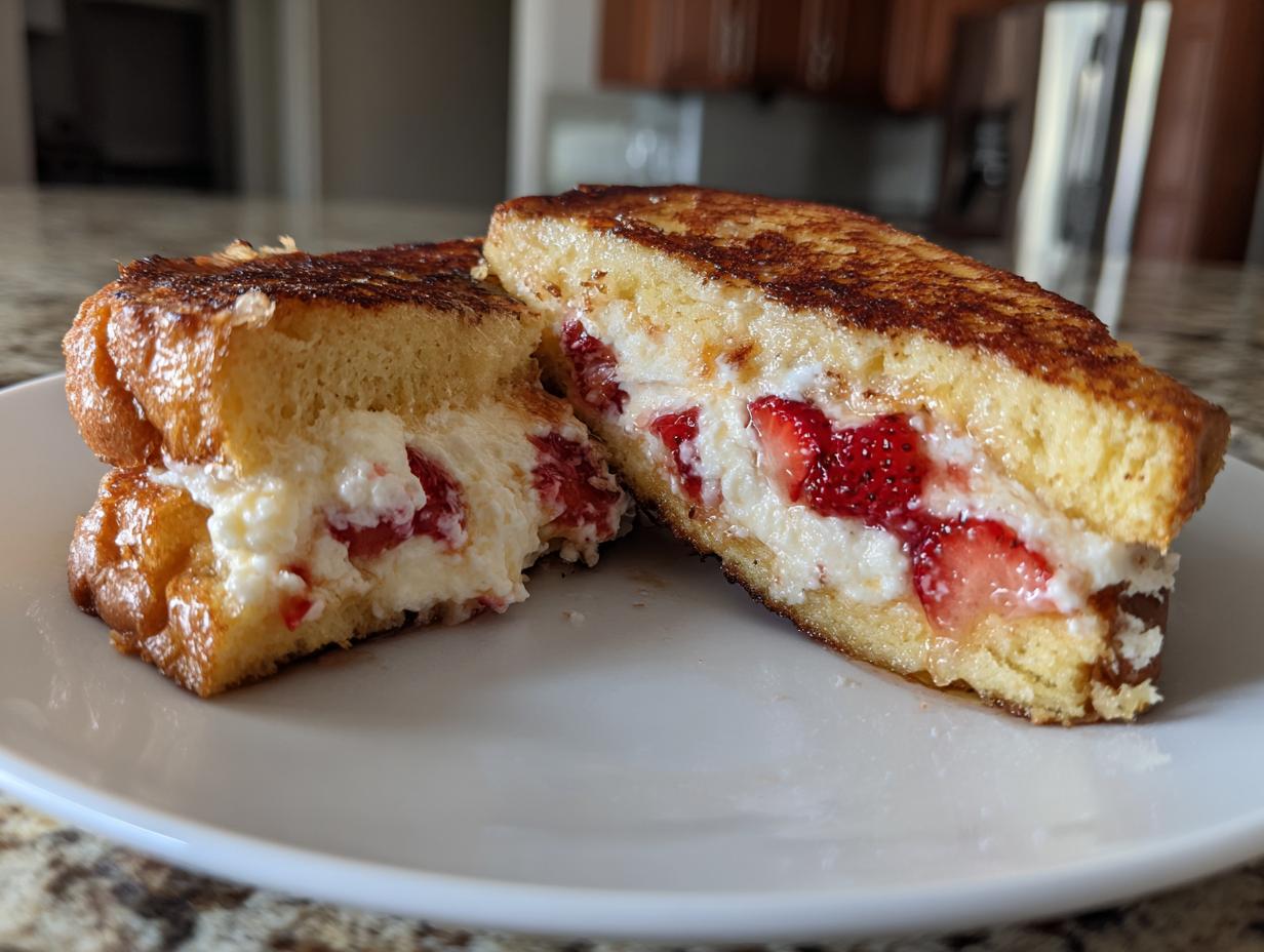 Close-up of strawberry stuffed french toast cut in half, showing creamy filling and golden-brown bread.