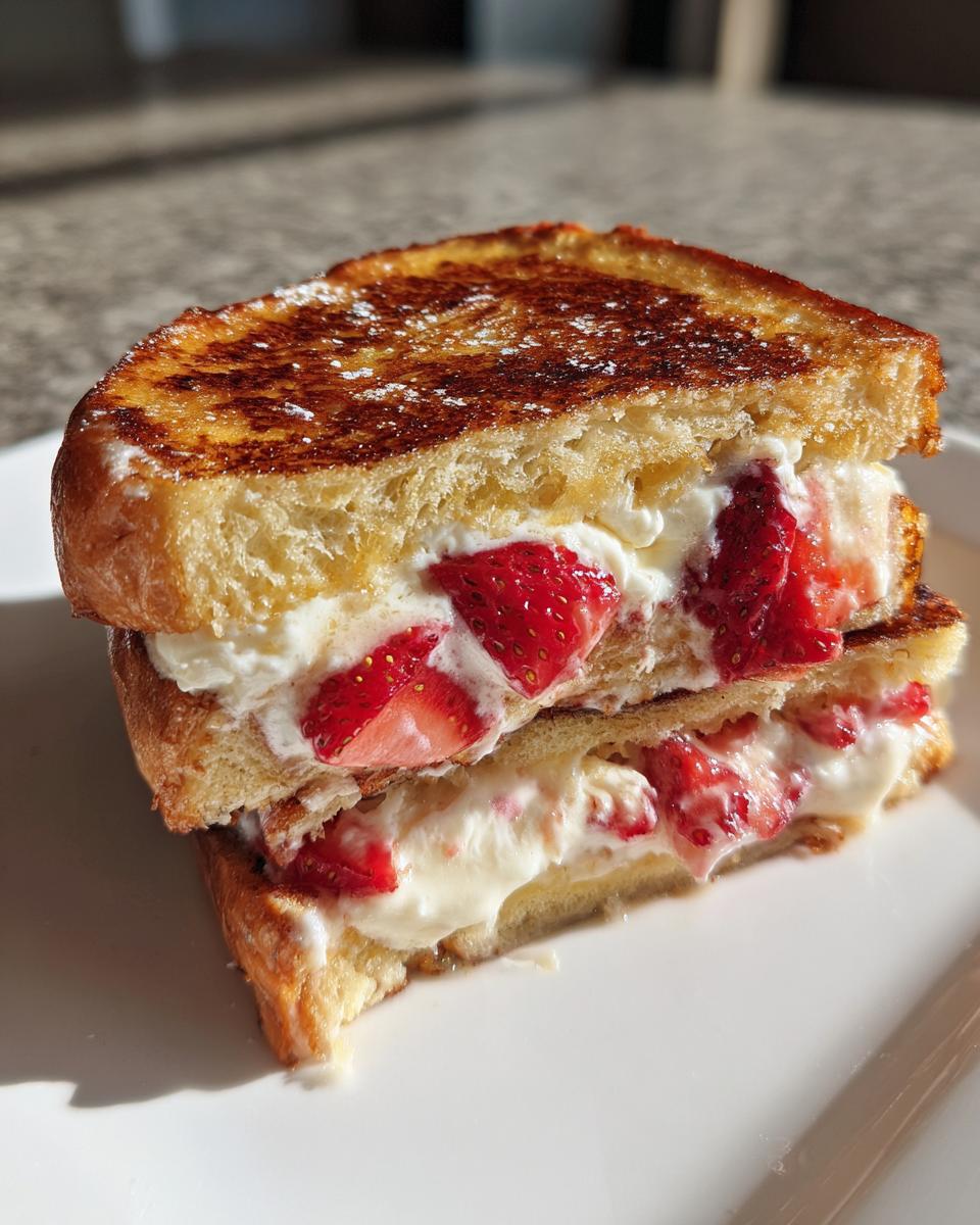 Two halves of stuffed french toast stacked, filled with cream cheese and fresh strawberries.