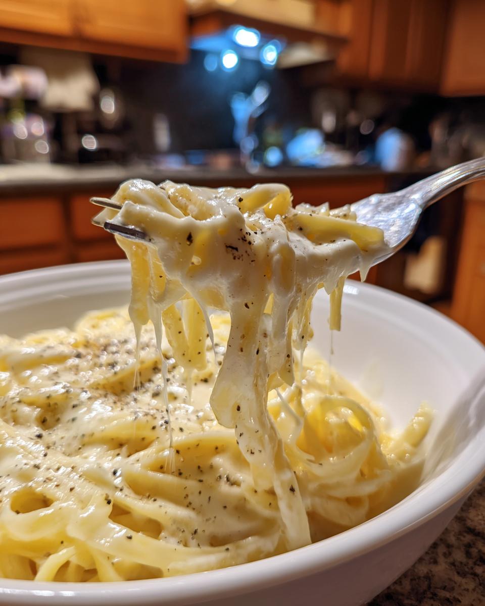 A fork lifts fettuccine noodles coated in rich, creamy homemade alfredo sauce, showing a satisfying cheese pull.