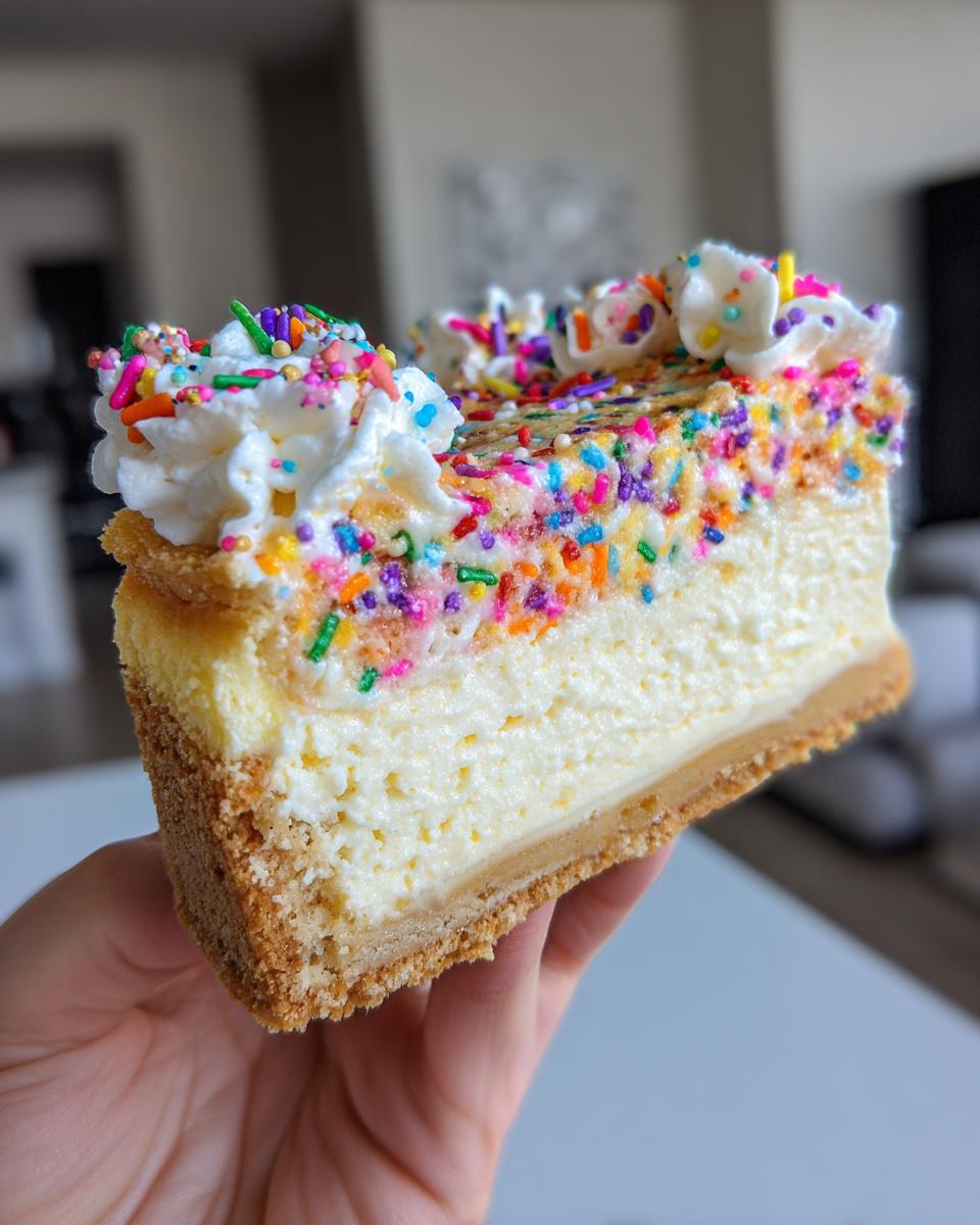A hand holding a thick slice of sugar cookie cheesecake topped with colorful sprinkles and whipped cream.