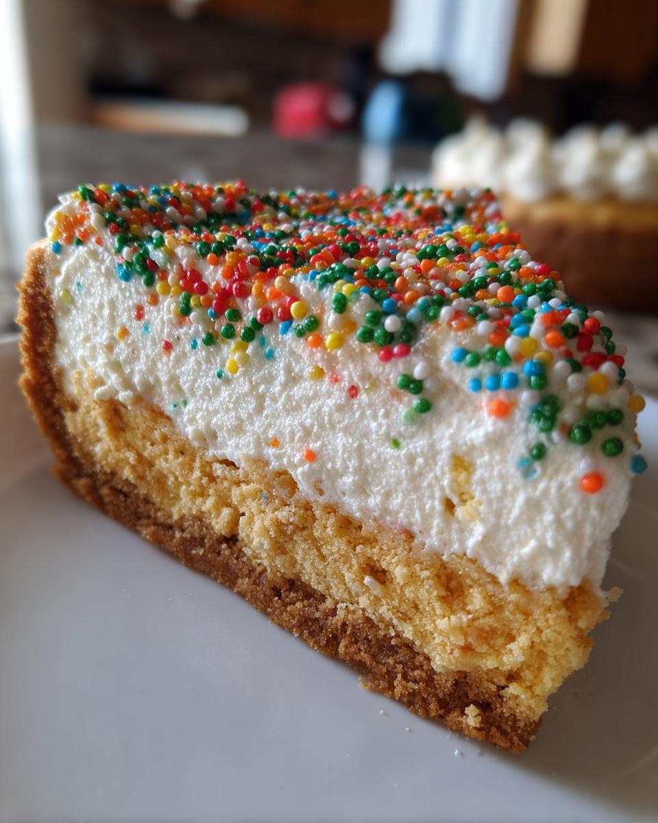 Close-up of a slice of sugar cookie cheesecake topped with white frosting and colorful sprinkles.