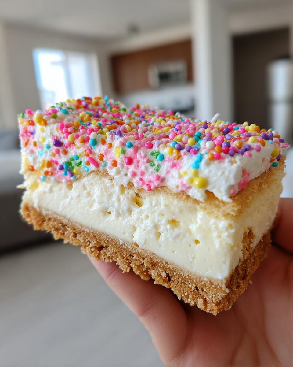 Close-up of a thick slice of sugar cookie cheesecake held in hand, topped with white frosting and colorful sprinkles.