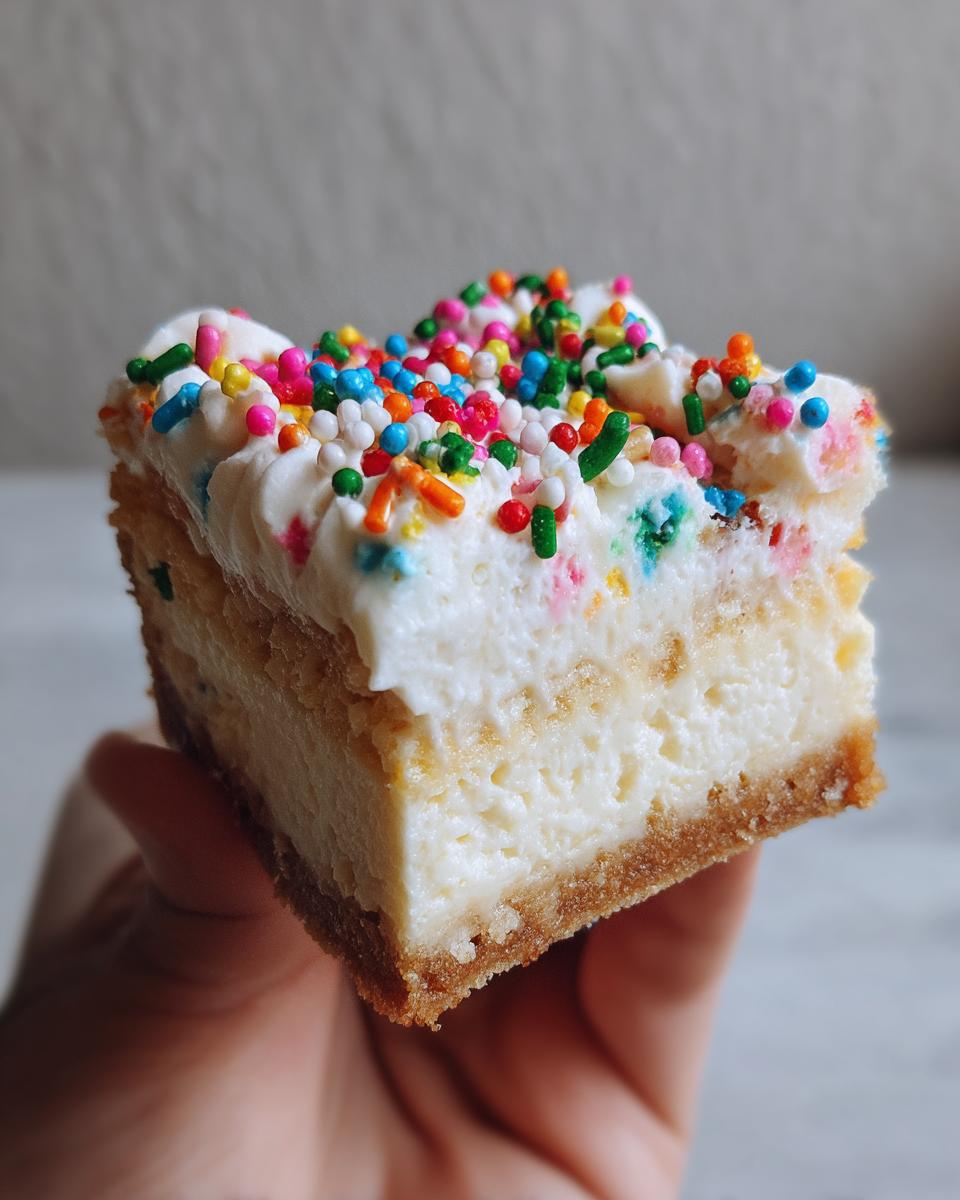 Close-up of a square slice of sugar cookie cheesecake topped with white frosting and colorful sprinkles.