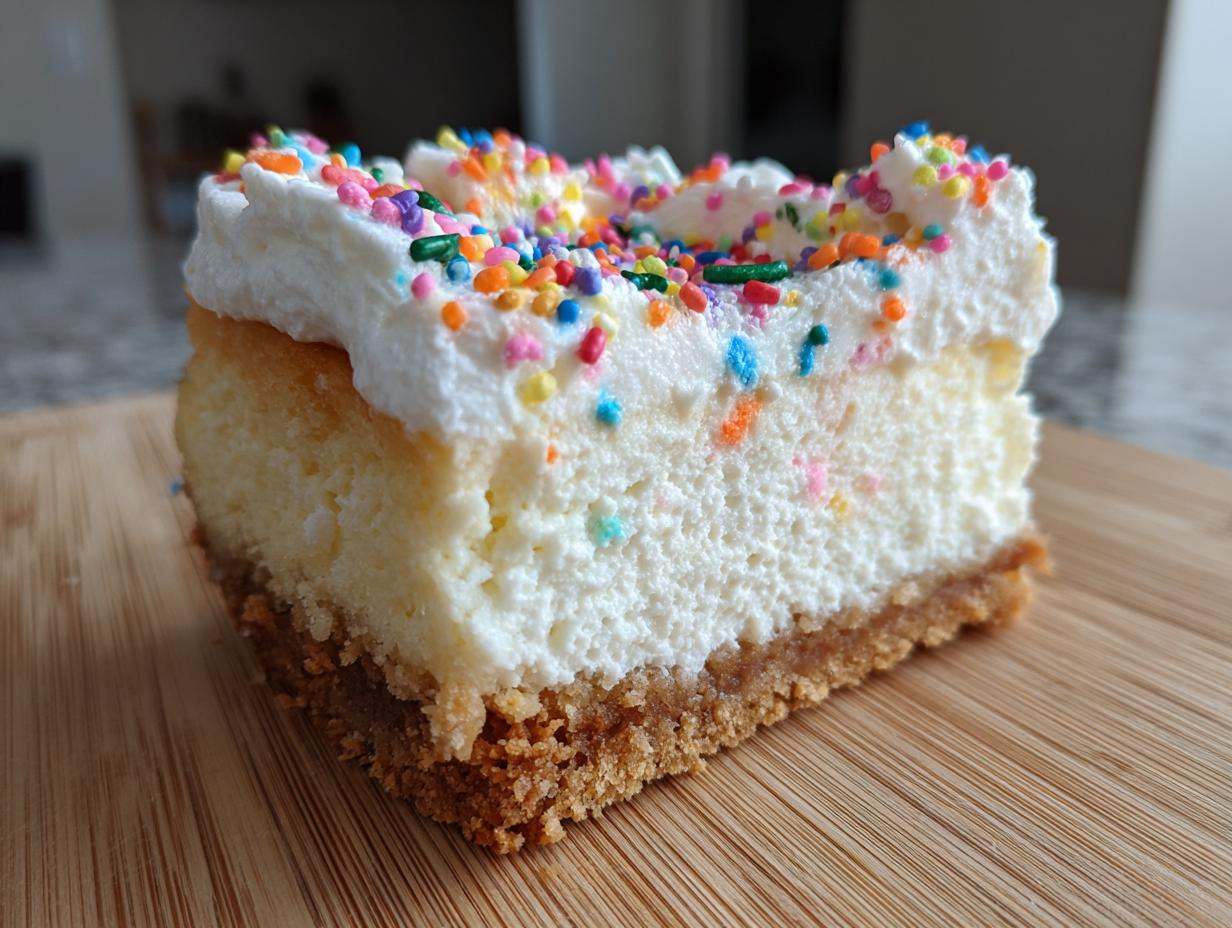 A close-up of a slice of sugar cookie cheesecake topped with whipped cream and colorful sprinkles.