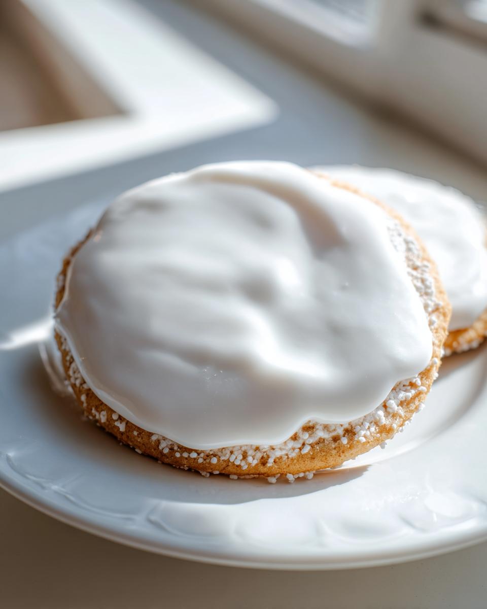 A close-up of a round sugar cookie topped with thick, glossy white sugar cookie icing and small white nonpareils.
