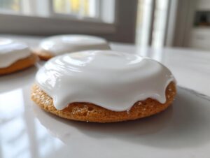 A close-up of a round sugar cookie topped with thick, glossy white sugar cookie icing that is just starting to set.