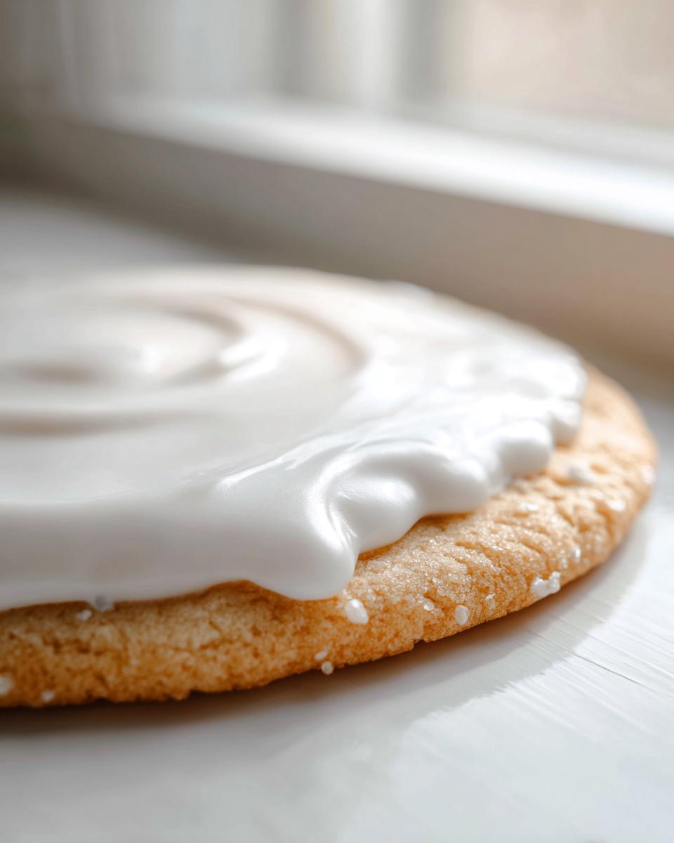Close-up of a golden sugar cookie topped with thick, glossy white sugar cookie icing.