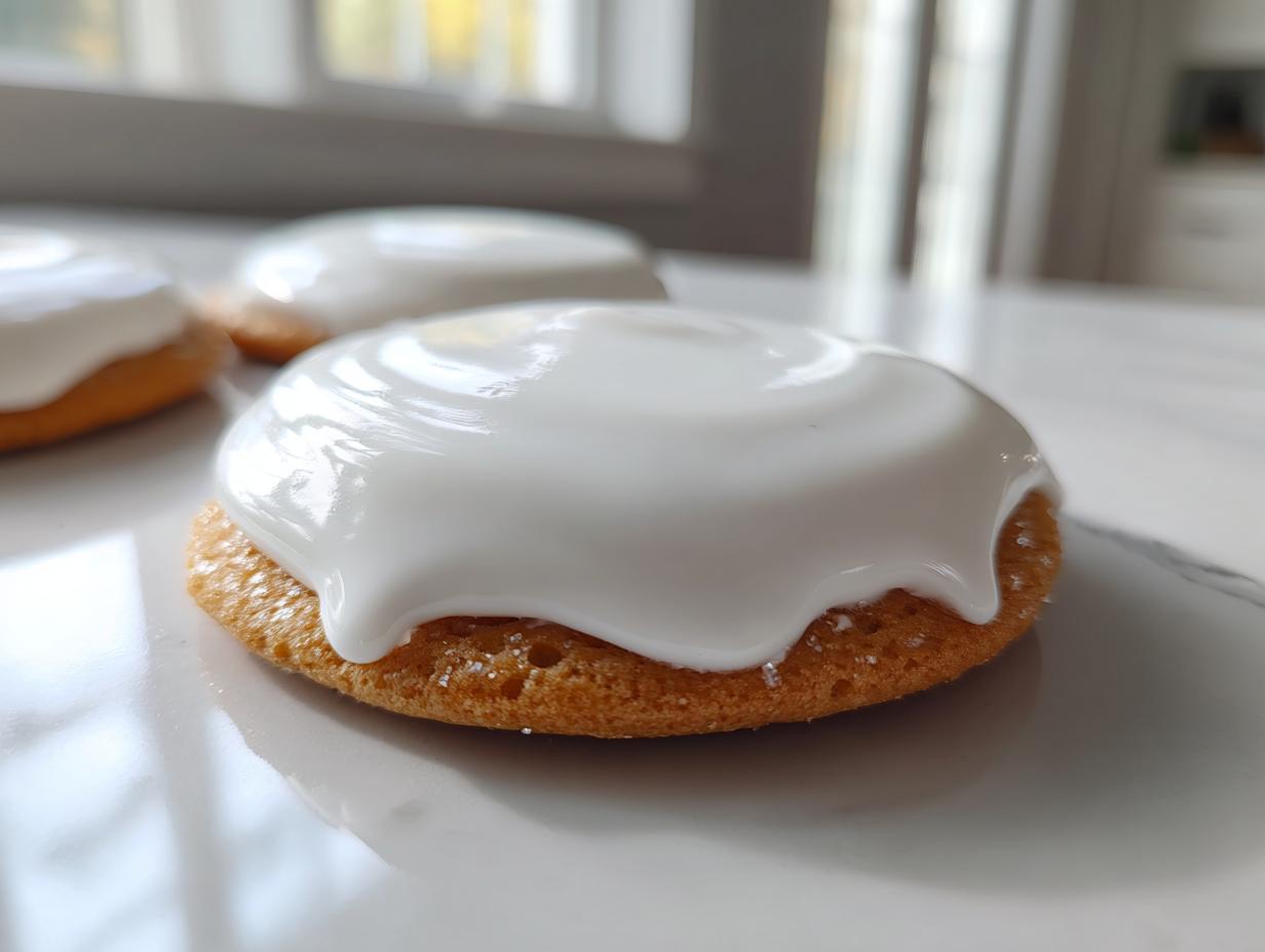 A close-up of a round sugar cookie topped with thick, glossy white sugar cookie icing that is just starting to set.