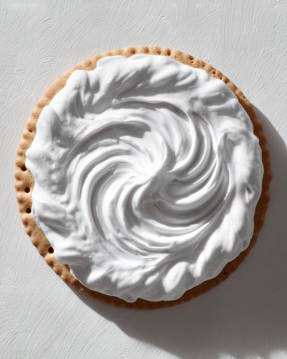 Overhead shot of a round sugar cookie topped with thick, bright white sugar cookie icing swirled into a decorative pattern.