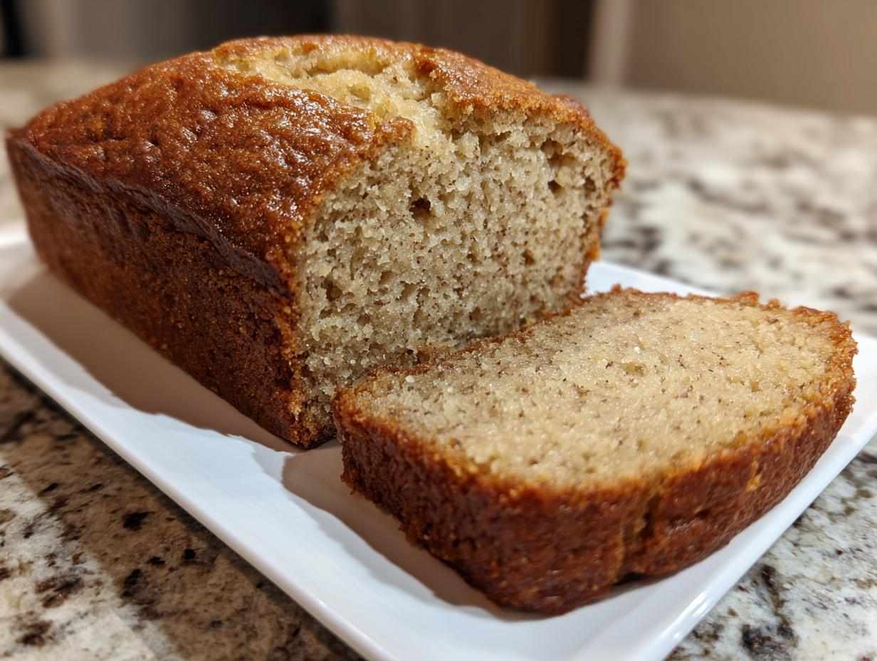 A freshly baked loaf of sugar free banana bread, partially sliced, resting on a white rectangular plate.