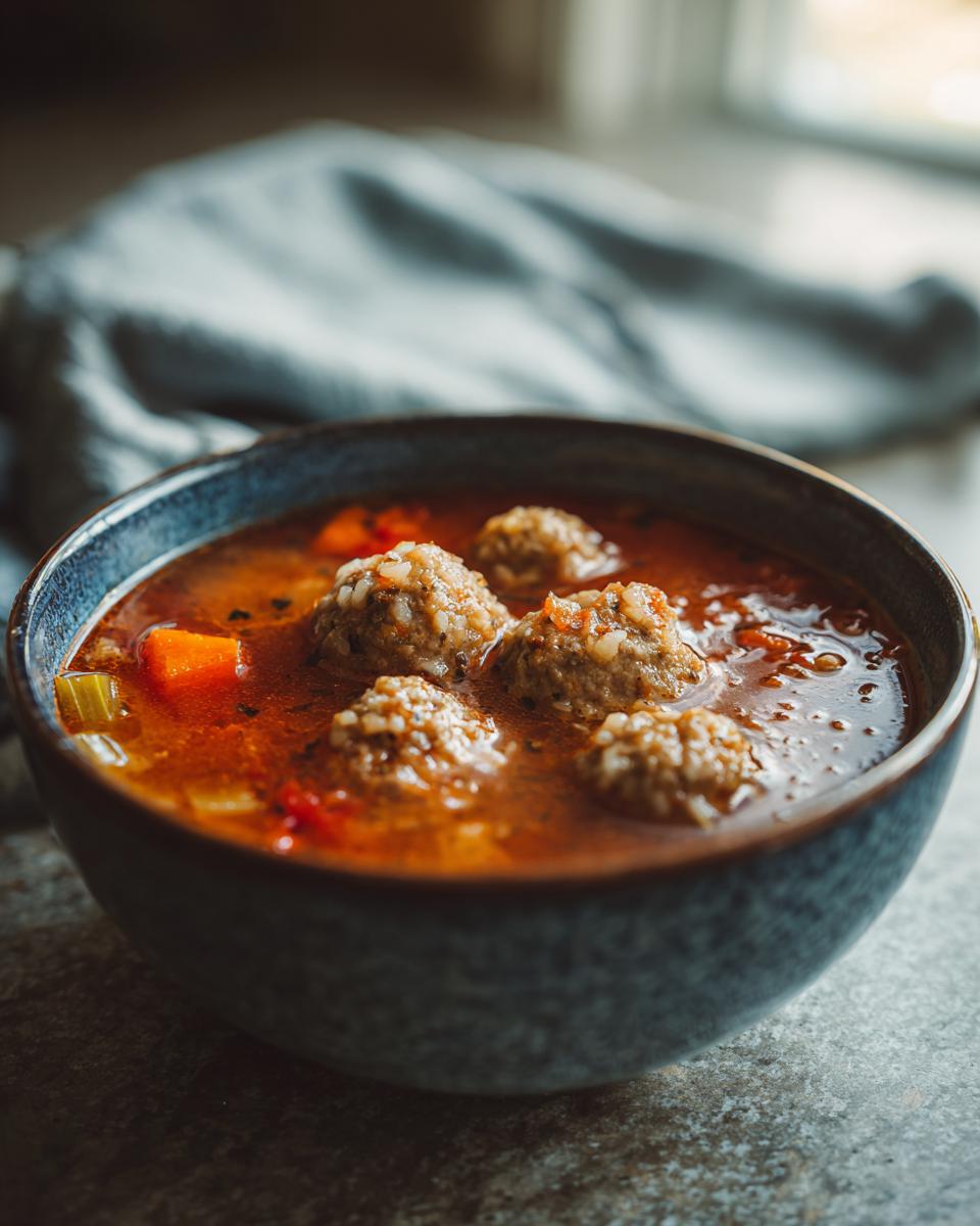 Close-up of a dark bowl filled with savory albondigas soup featuring tender meatballs and vegetable chunks.