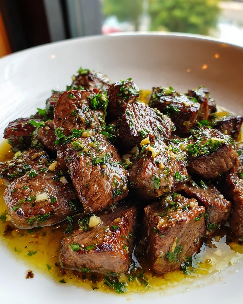 Close-up of tender crockpot steak bites coated in a rich garlic butter sauce and fresh parsley.