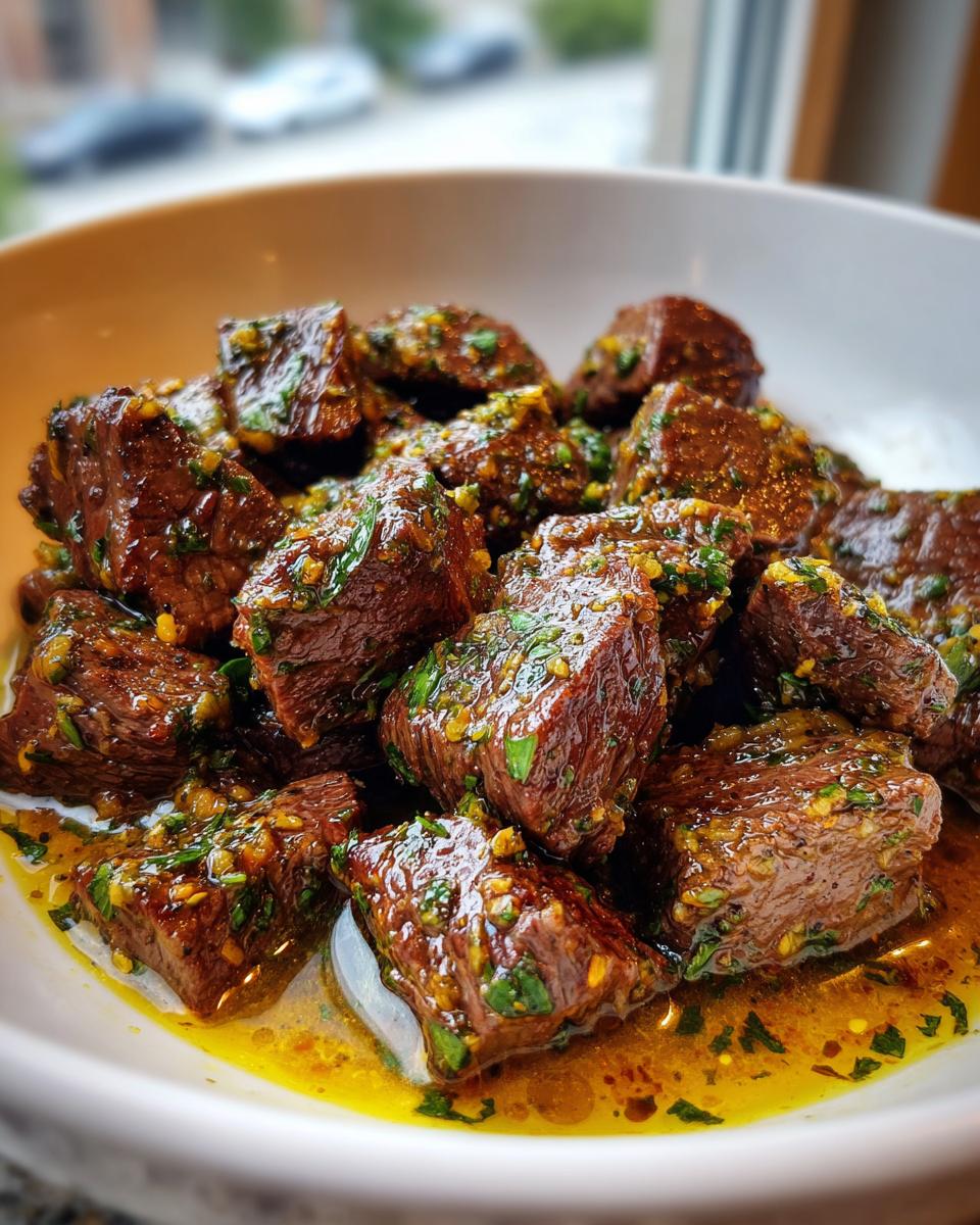 Close-up of tender crockpot steak bites coated in a rich, buttery garlic and herb sauce.