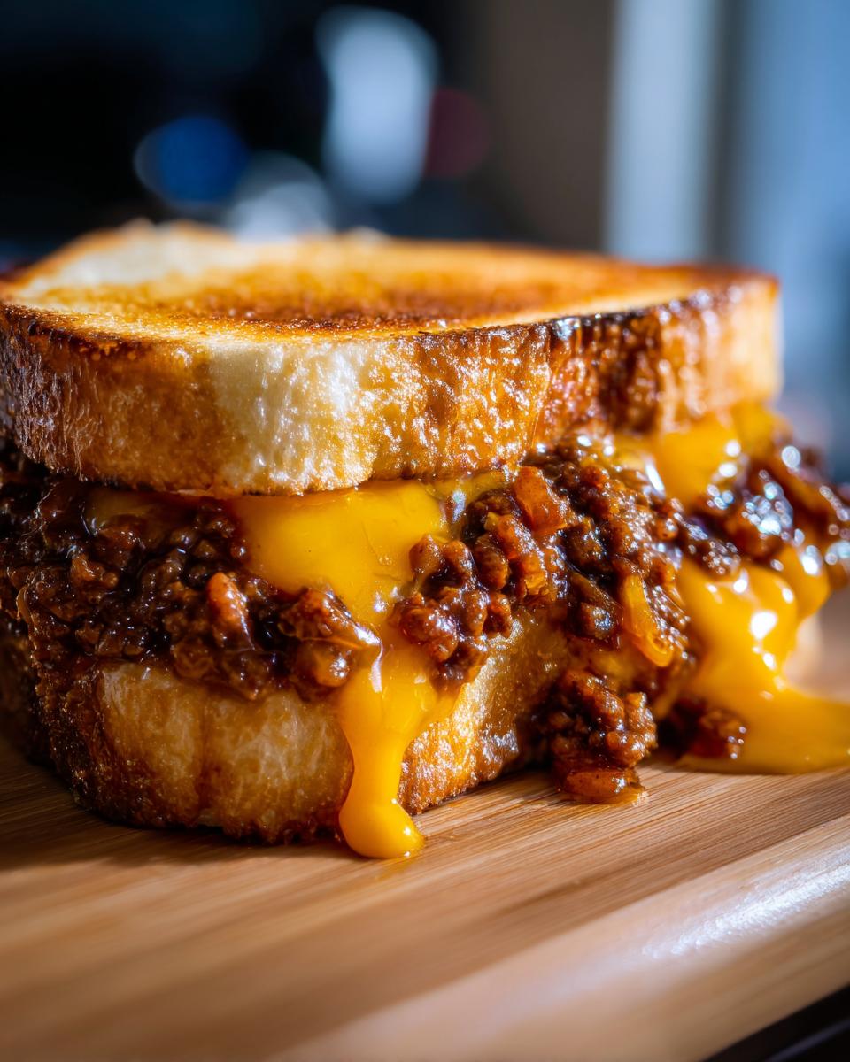 Close-up of a delicious Texas Toast Sloppy Joes sandwich with melted cheddar cheese dripping over the savory meat filling.