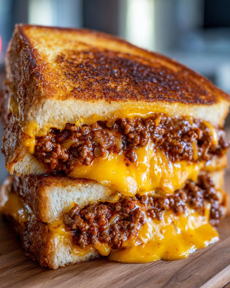 Close-up of stacked Texas Toast Sloppy Joes overflowing with savory meat mixture and melted cheddar cheese.
