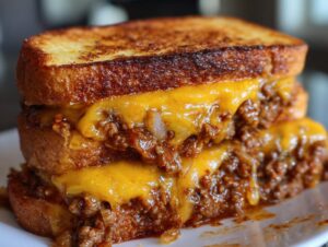 Close-up of a hearty Texas Toast Sloppy Joes sandwich stacked high with sloppy joe meat and dripping melted cheddar cheese.