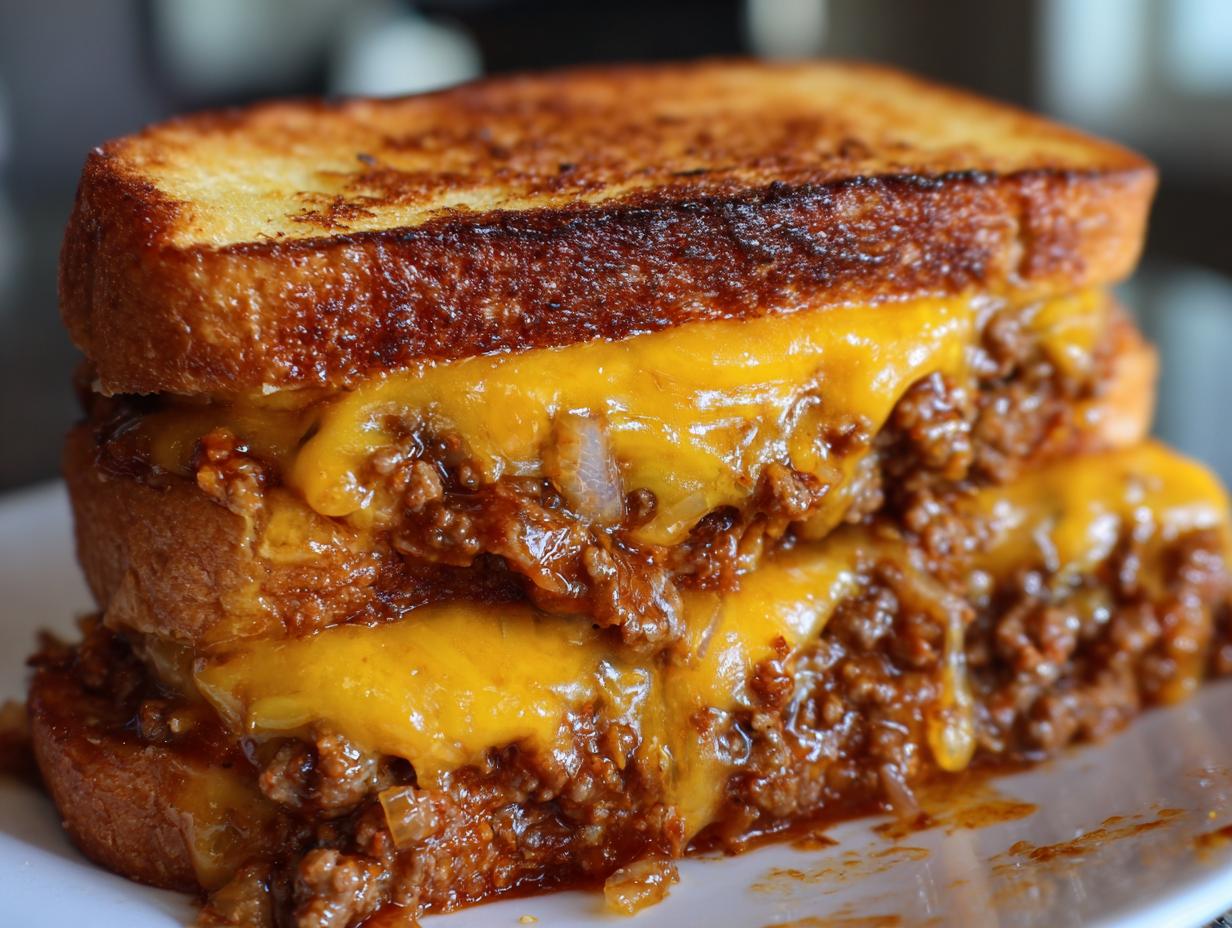 Close-up of a hearty Texas Toast Sloppy Joes sandwich stacked high with sloppy joe meat and dripping melted cheddar cheese.