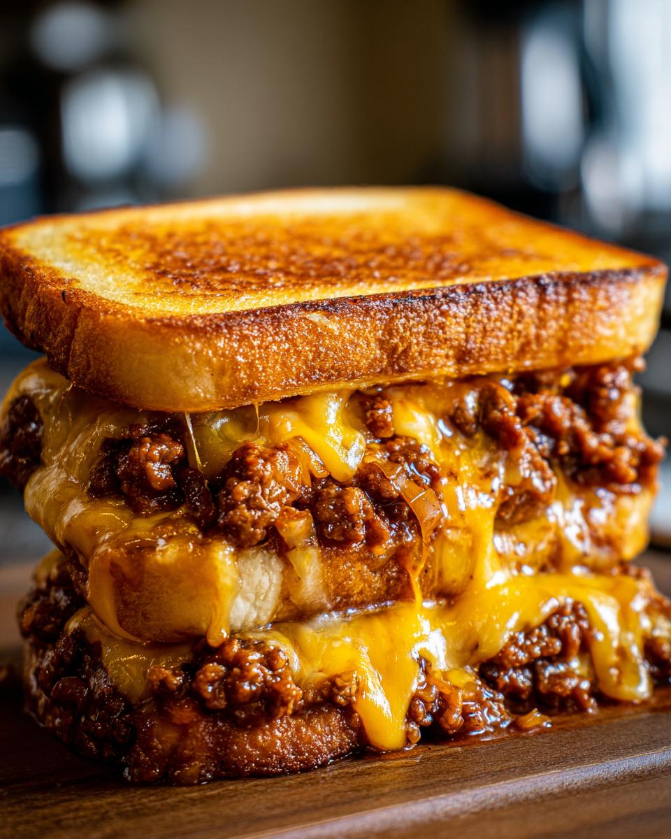 Close-up of a decadent Texas Toast Sloppy Joes sandwich overflowing with saucy meat and melted cheddar cheese.