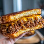 Close-up of a juicy Texas Toast Sloppy Joes sandwich filled with savory meat mixture, caramelized onions, and melted cheddar cheese.