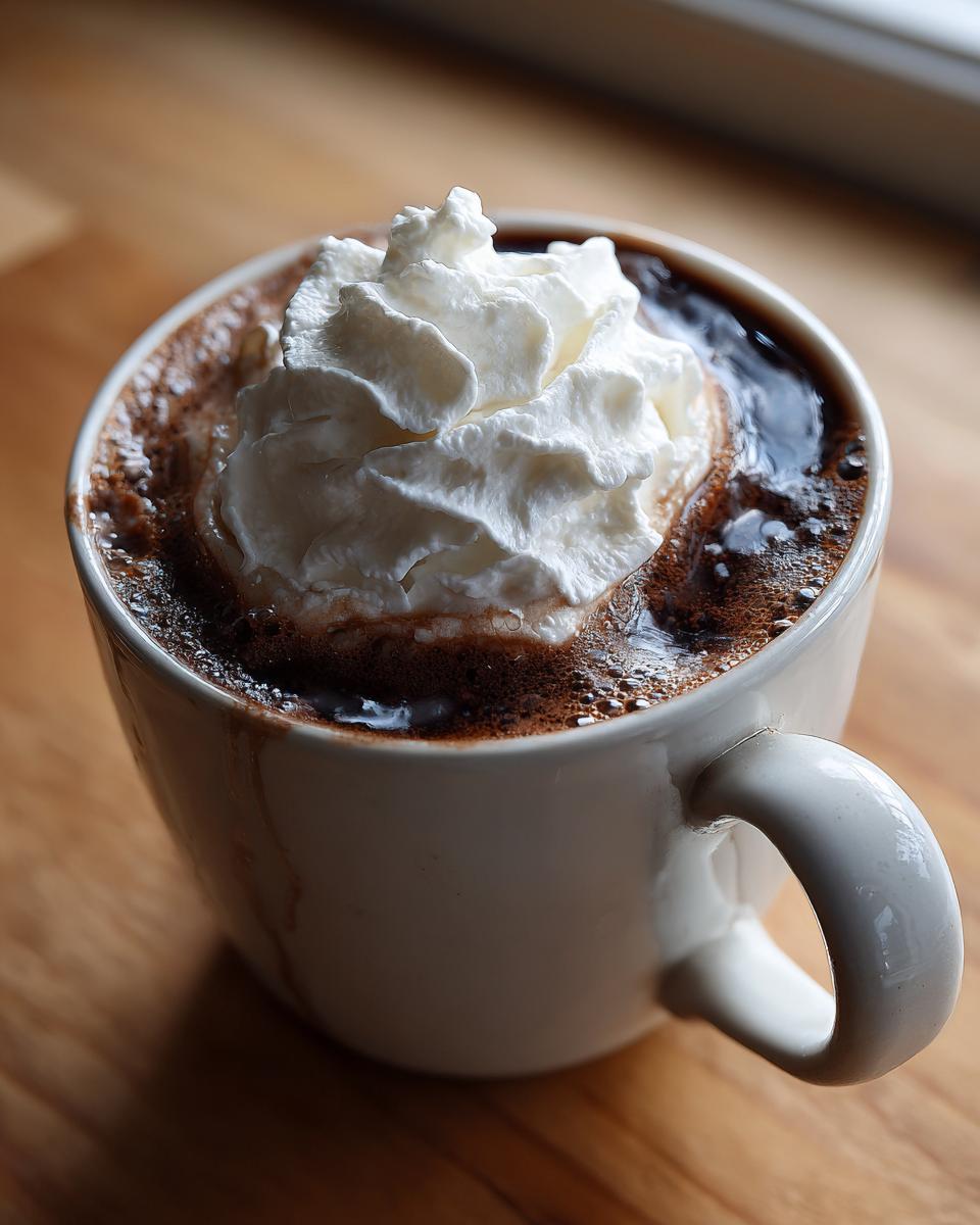 Close-up of a mug filled with thick hot chocolate topped generously with whipped cream.