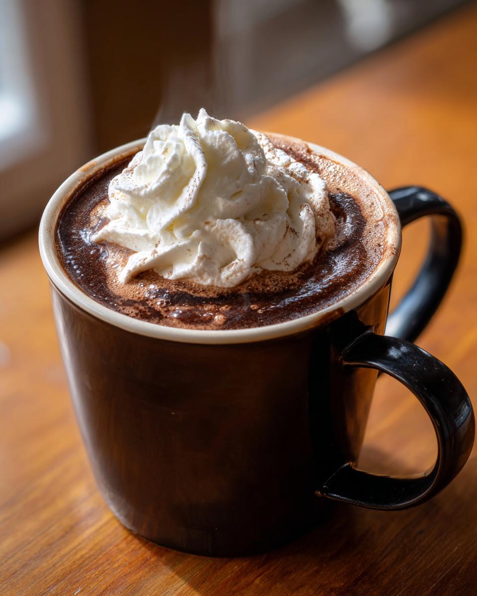 Close-up of a steaming mug of thick hot chocolate topped generously with whipped cream and a dusting of cocoa.