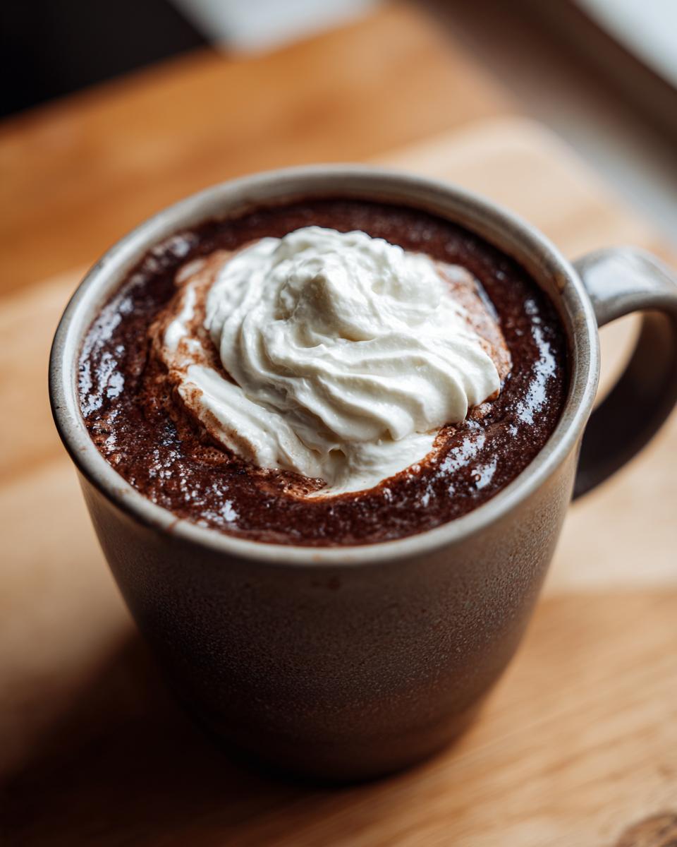 Close-up of a mug filled with thick hot chocolate topped with a swirl of whipped cream.