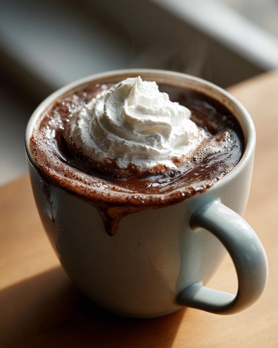 Close-up of a mug filled with thick hot chocolate topped with a swirl of fresh whipped cream.