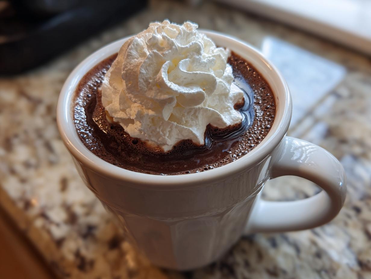 Close-up of a mug filled with thick hot chocolate topped generously with whipped cream.