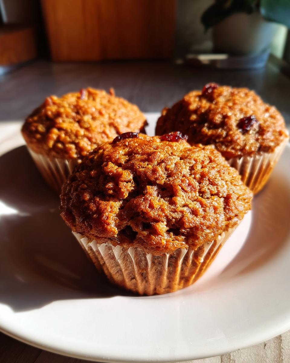 Three freshly baked honey bran muffins with visible dried fruit pieces, sitting on a white plate in bright sunlight.