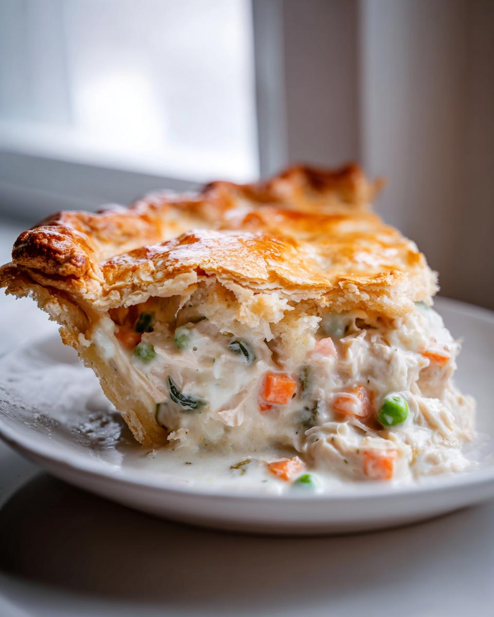Close-up of a slice of turkey pot pie recipe showing creamy filling with turkey, carrots, and peas, topped with a golden, flaky crust.