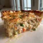 Close-up of a thick slice of turkey pot pie recipe showing shredded turkey, carrots, and peas in creamy sauce under a golden flaky crust.