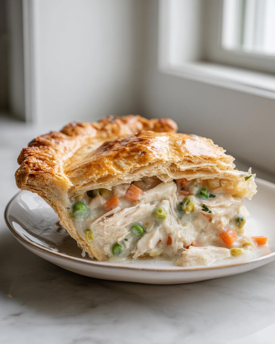 Close-up of a slice of turkey pot pie recipe showing flaky crust and creamy filling with turkey, peas, and carrots.