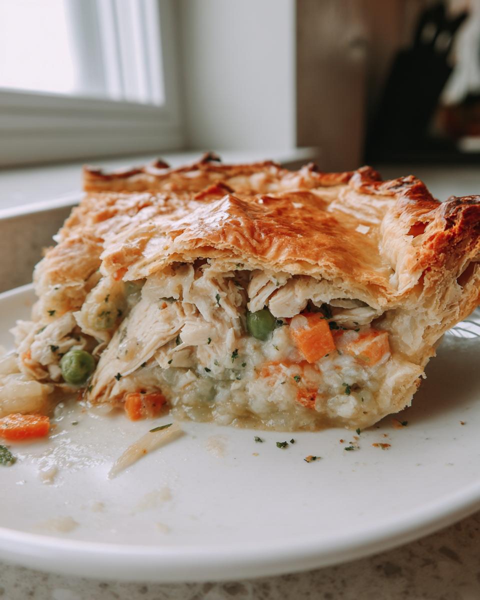 Close-up of a slice of turkey pot pie recipe showing flaky crust and creamy filling with shredded turkey, carrots, and peas.