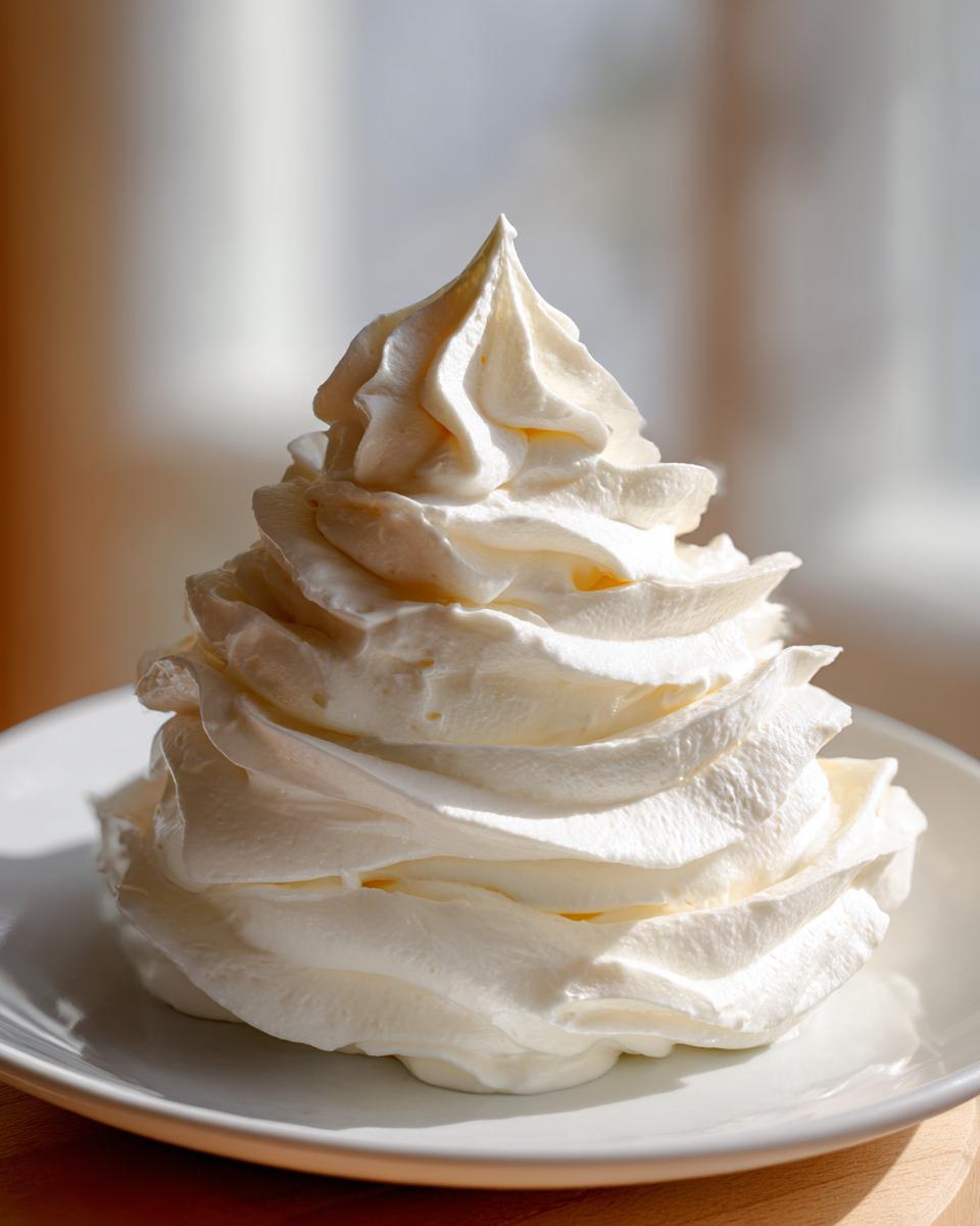 A tall, perfectly piped swirl of creamy white vanilla buttercream frosting sitting on a small white plate.
