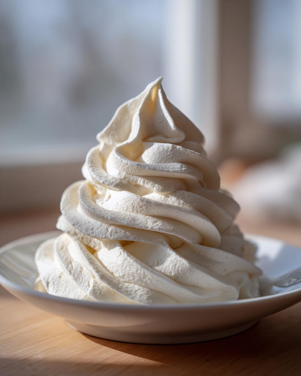 Close-up of a tall, perfectly piped swirl of creamy vanilla buttercream frosting in a small white bowl.